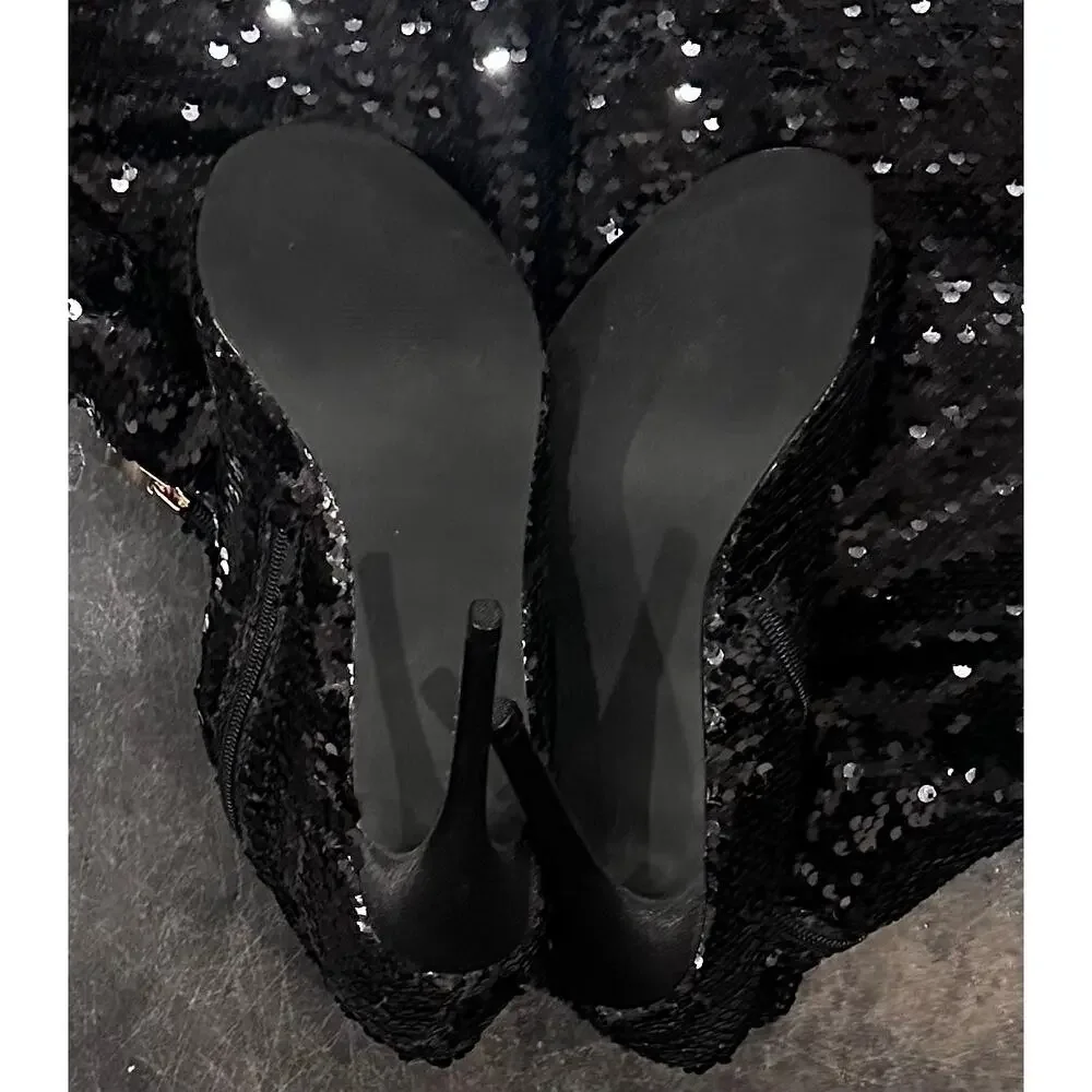 CAMSSOO Women's Sparkle Sequins Over The Knee Boots Sexy High Heels Open Toe 9.5
